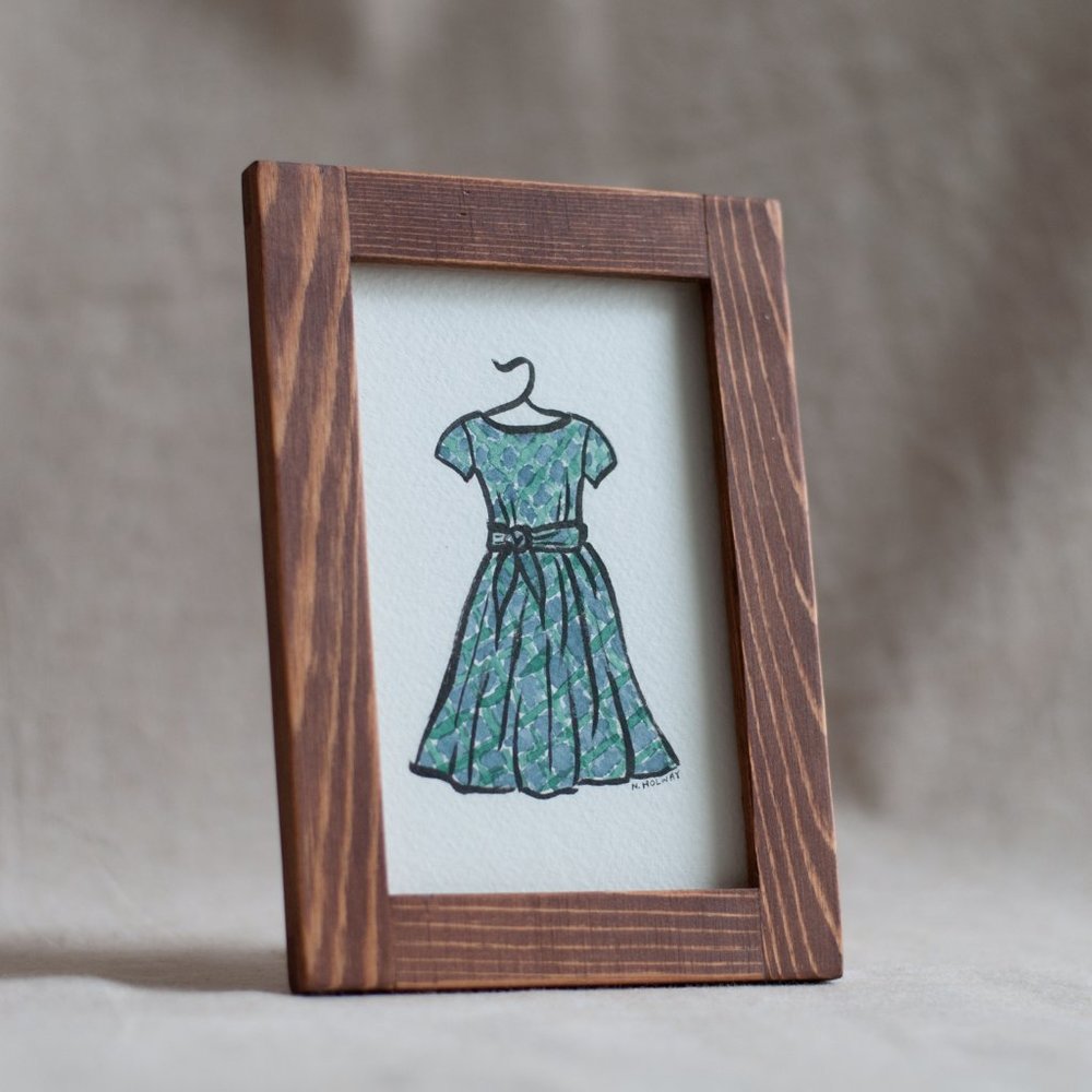 Original "Green Plaid Dress" Illustration, 4x6 with Frame
